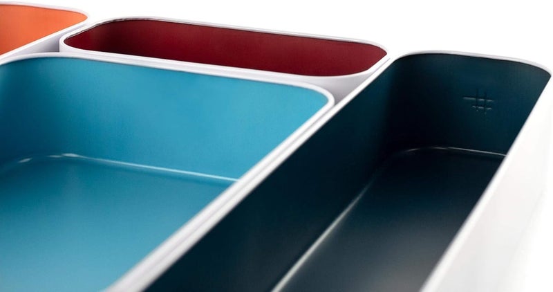 Three by Three Seattle 5 Piece Metal Organizer Tray Set for Storing Makeup, Stationery, Utensils, and More in Office Desk, Kitchen and Bathroom Drawers (2 Inch, Assorted Blue Berry and Sunset) - Image 3